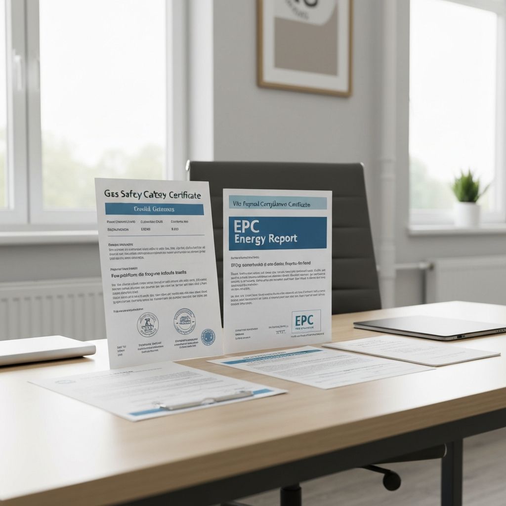 Property compliance certificates on a professional desk