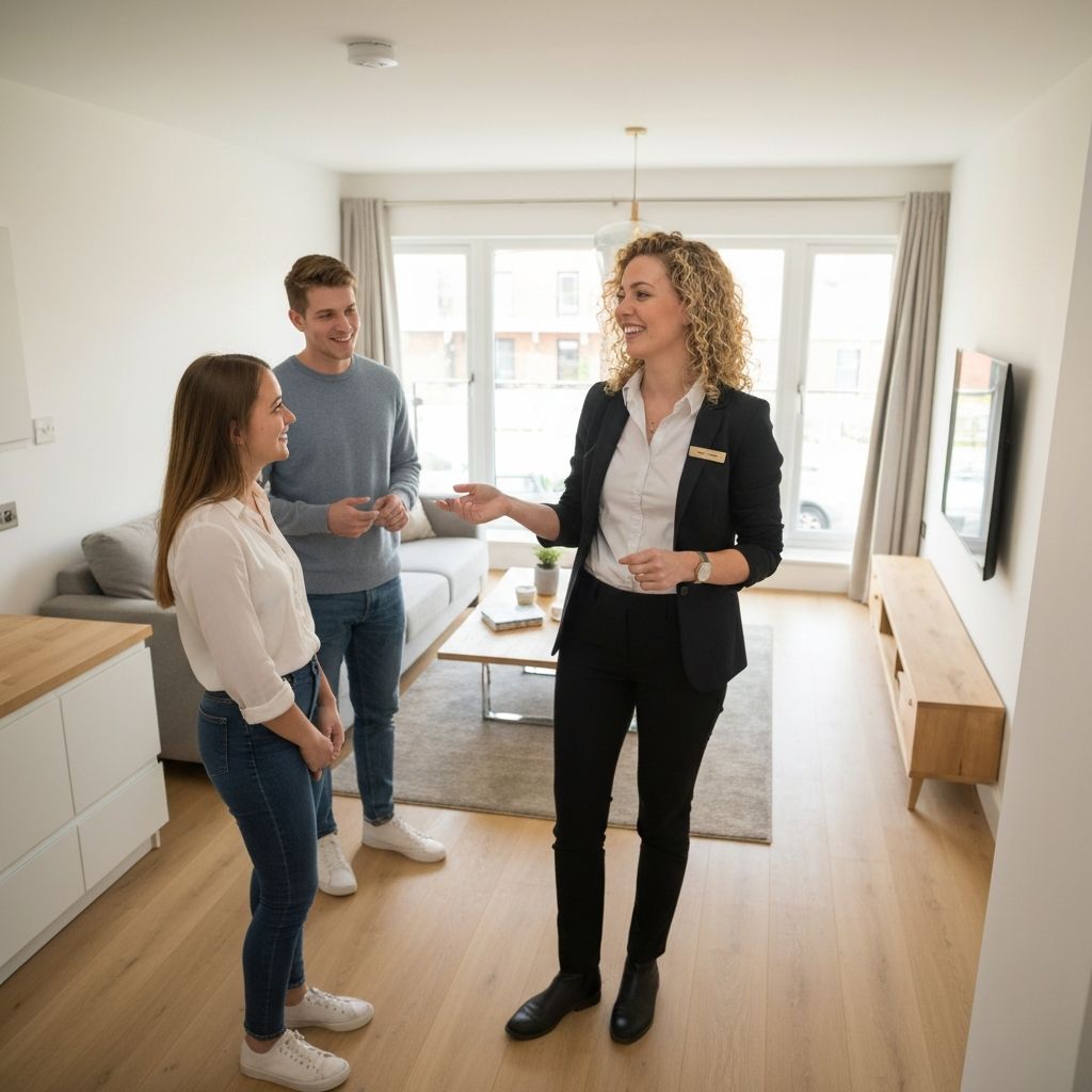 Estate agent showing apartment to prospective tenants